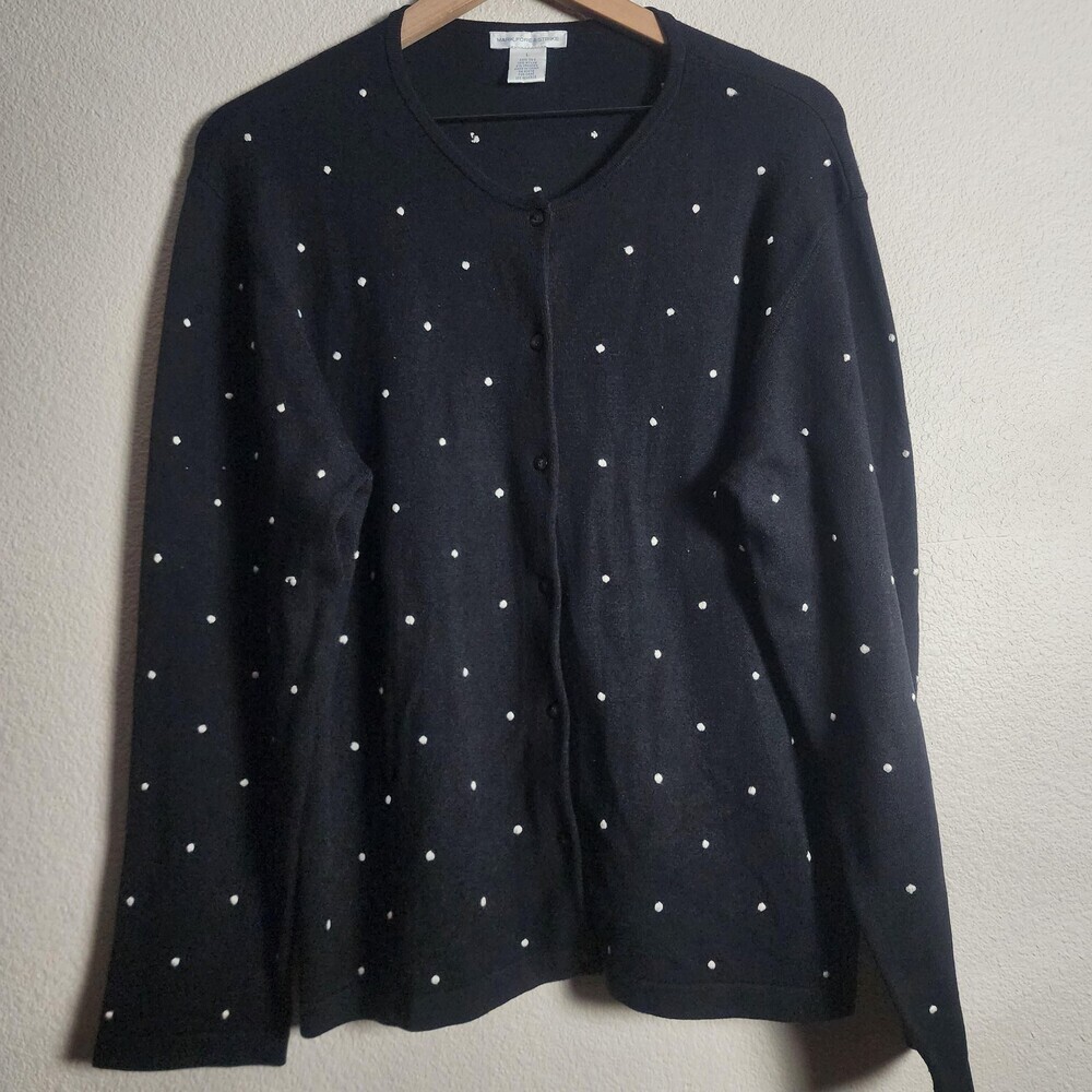 MARK, FORE & STRIKE Cardigan Sweater Womens Large Black Silk Blend Polka Dot